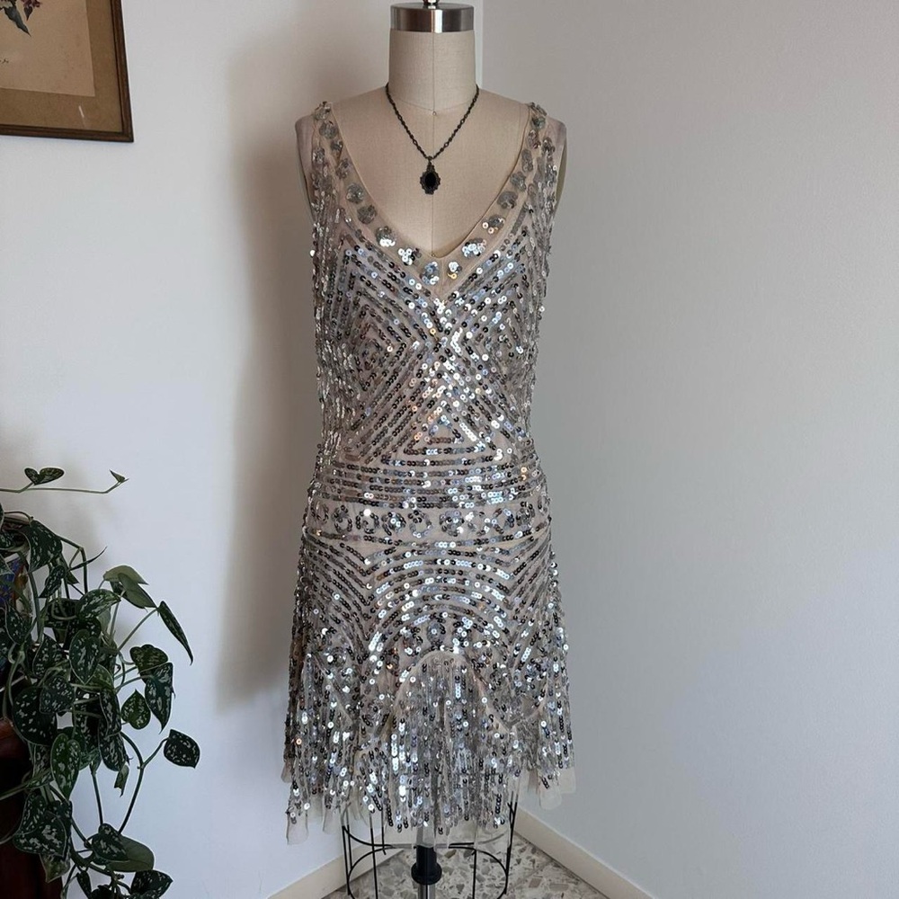 Vintage 1920s style Free people silver sequin beaded short dress drop waist XS